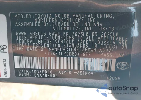 2014 Toyota Camry Le z USA, uszkodzony, nr VIN 4T4BF1FK9ER341677